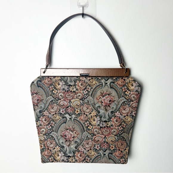 Vintage 50s Floral Tapestry Top Handle Kelly Frame Handbag Victorian Roses - Picture 1 of 11
